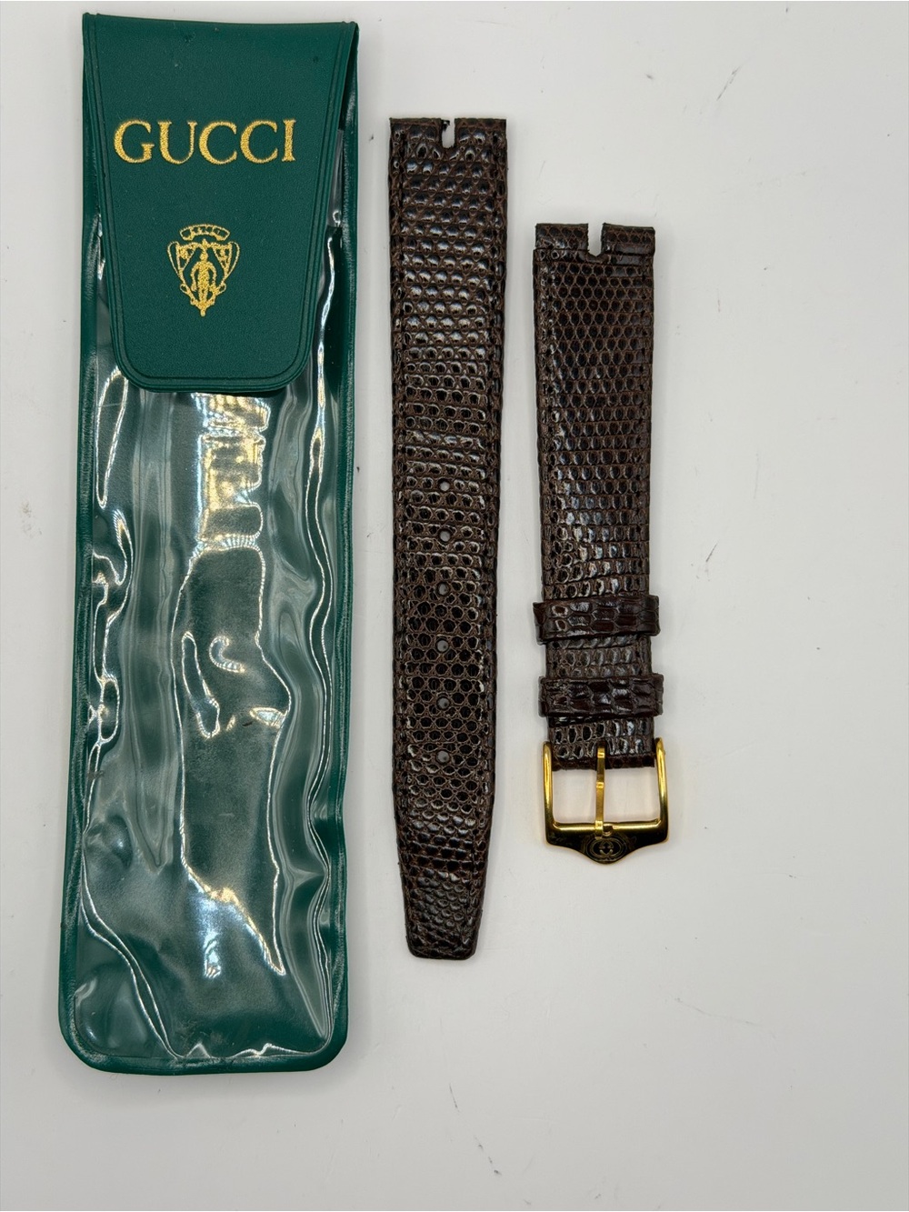 Gucci Dark Brown Lizard-Textured Leather Watch Strap with Gold Buckle 16MMR - Picture 1 of 3